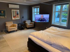 桑讷菲尤尔Guesthouse Suite by HC, centrally located, free parking的一间卧室配有一张床和一台平面电视