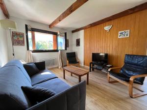 EnchastrayesAppartement T2 face aux pistes avec terrasse, 9 couchages, proche commerces et piscine - FR-1-165A-103的客厅配有蓝色的沙发和电视