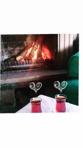 科贾埃利TATİL KEYFİ MOTEL的壁炉前桌子上放两个杯子