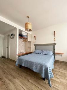 蒙得维的亚Cálido Home en corazón Ciudad Vieja的一间卧室配有一张带蓝色毯子的床