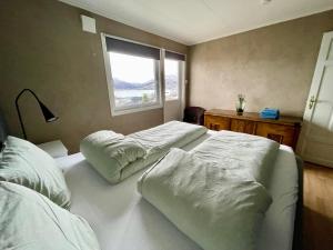 特罗姆瑟Penthouse with panorama view and great location!的一间卧室配有两张带枕头的床和窗户。