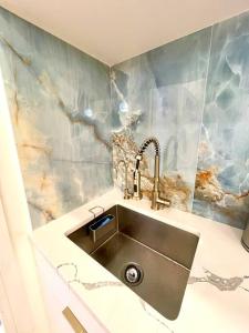 布鲁克林Ultra-Luxury stylish suite in historic Brooklyn的一个带水槽和大理石墙的厨房