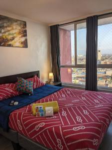 圣地亚哥Habitación amplia en Santiago c3ntro的一间卧室设有一张床和一个大窗户