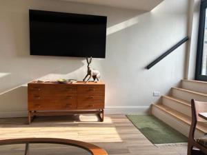 切尔滕纳姆The Curious Apartment, Cheltenham的客厅设有壁挂式平面电视。