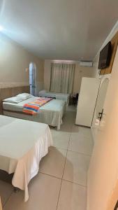 戈亚尼亚Hotel Pousada Aeroporto的一间酒店客房,设有两张床和电视