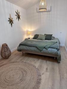 利勒达博La maison de Mounette的卧室配有一张床,地板上铺有地毯