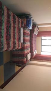 科帕卡巴纳Hostal Arco Iris del Lago的客房设有带色彩缤纷窗帘的窗户。