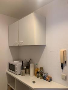 海德堡Studio Heidelberg的带微波炉和白色橱柜的厨房台面