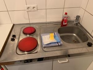 海德堡Studio Heidelberg的厨房柜台设有水槽和两个红色板