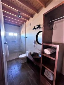 恩塞纳达港Grape Valley Old West Cabins的带淋浴、卫生间和盥洗盆的浴室