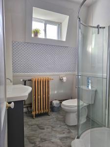 悉尼Royal Hotel的浴室配有卫生间、盥洗盆和淋浴。