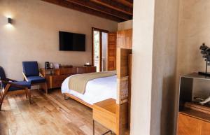 圣米格尔-德阿连德El Recinto Luxury Hotel的一间卧室配有一张床、一台电视和一把椅子