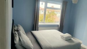 帕尔默斯格林Harington Homes的蓝色客房的一张床位,设有窗户