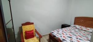 伊基托斯Mini Departamento Iquitos 1243的一间卧室配有一张床和一把椅子,旁边是