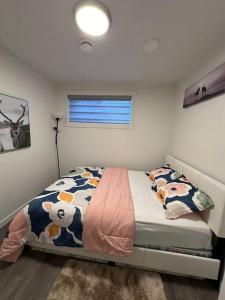 埃德蒙顿Brand new 1 Bedroom Basement Suite. Wi-Fi,Netflix的一间卧室,卧室内有一张床,上面有牛