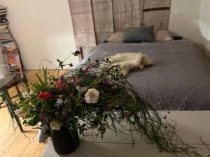延雪平Boutique Hotel Caramel的一只狗躺在床上,床上放着一束鲜花