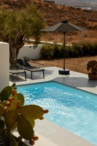 米科利维亚Isychos House的蓝色的游泳池,带有雨伞和植物