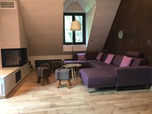 Les Hauts-GeneveysLe Manoir de l'Oselière & Spa的客厅配有紫色沙发和电视