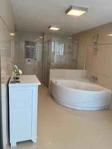 布拉索夫Penthouse Silver Mountain, Duplex 3 camere - 250 mp luxury garden - Poiana Brasov的大型浴室设有大浴缸和水槽