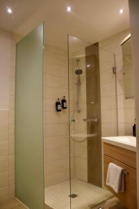 罗斯托克Stilvolle Wohnung mit Balkon & Parkplatz的浴室里设有玻璃门淋浴