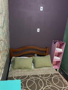 萨尔瓦多Hostel Morro de Sao Paulo的一间卧室配有一张床和紫色的墙壁