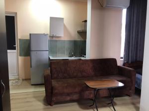 格里戈莱蒂New Wave1的一间带棕色沙发的客厅和一间厨房