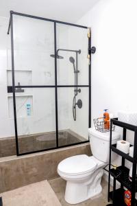 圣胡安Private Rooms in Duplex Home w 4 Baths FQ 1-3ppl的一间带卫生间和玻璃淋浴间的浴室