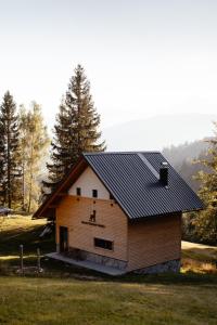 耶塞尼采Alpine Cottage Golica的田野上带黑色屋顶的谷仓