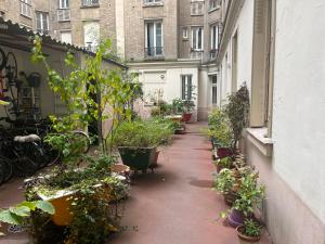 巴黎Charmant studio fonctionnel的楼边有盆栽的小巷
