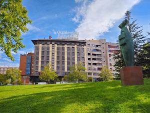 潘普洛纳Occidental Pamplona的建筑前方的雕像