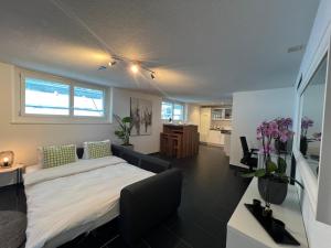 ObergösgenThe R Apartment Froburg, Parking, Netflix, Golfplatz的一间卧室,卧室内配有一张大床