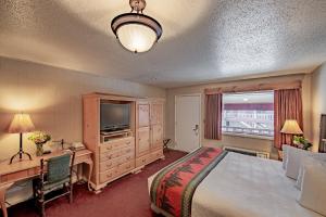 杰克逊安特勒酒店的一间卧室配有一张床、一张书桌和一台电视