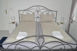 索洛图恩卡梅拉卡萨酒店的一张带金属框架的床和两个枕头