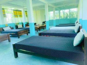 蒂瑟默哈拉默Yala Bay Holiday Resort的配有两张床铺的蓝色墙壁和窗户