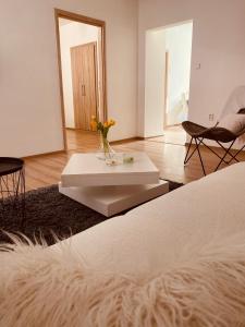 俄斯特拉发Trio Apartments的白色的客房设有一张带花瓶的桌子