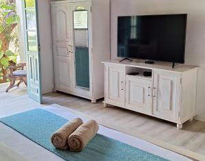丹不拉Kandalama Lodge的客厅配有平面电视和地毯。