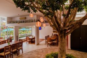 里奥韦尔德Hotel La Querencia的一间种有树和桌椅的餐厅