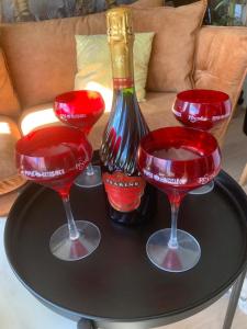 阿格德角Luxe naturist 3 étoiles vue mer D46的四瓶红葡萄酒杯和一瓶桌子