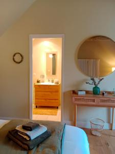 谢尔河畔圣乔治Le moulin du Mesnil的一间卧室配有床、水槽和镜子