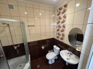 利沃夫塞萨尔酒店的一间带卫生间、水槽和镜子的浴室