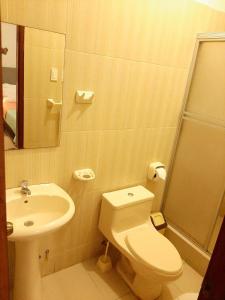 伊基托斯100 RV Apartments Iquitos-Apartamento primer piso con vista a piscina的一间带卫生间和水槽的浴室
