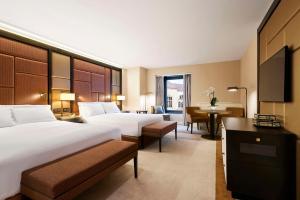 布达佩斯布达佩斯希尔顿酒店的酒店客房配有两张床和一张书桌
