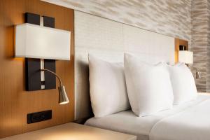 艾哈迈达巴德Radisson Blu Hotel Ahmedabad的一间卧室配有带白色枕头和灯的床