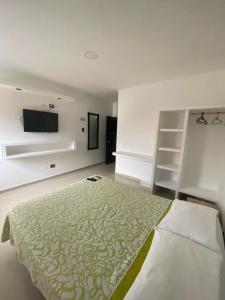 MitúHotel Los Paisas的一间卧室配有一张床和一台平面电视