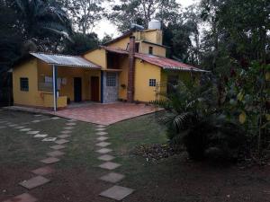 圣罗克Tranquilidade e conforto na floresta - Rota do Vinho的前面有车道的黄色房子
