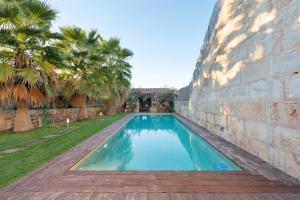 阿尔盖达Can Serral的棕榈树建筑旁边的游泳池