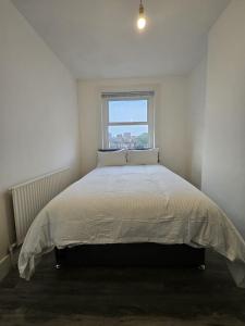 伦敦Battersea Park apartments的白色客房的一张床位,设有窗户