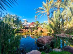 马拉喀什Eden Lodges & SPA的种有棕榈树和池塘的花园