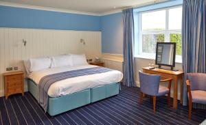 特雷杜尔特雷杜尔海湾酒店的酒店客房配有一张床、一张书桌和一台电视。