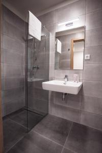 比斯平根比斯平根高级度假酒店的一间带水槽和玻璃淋浴的浴室